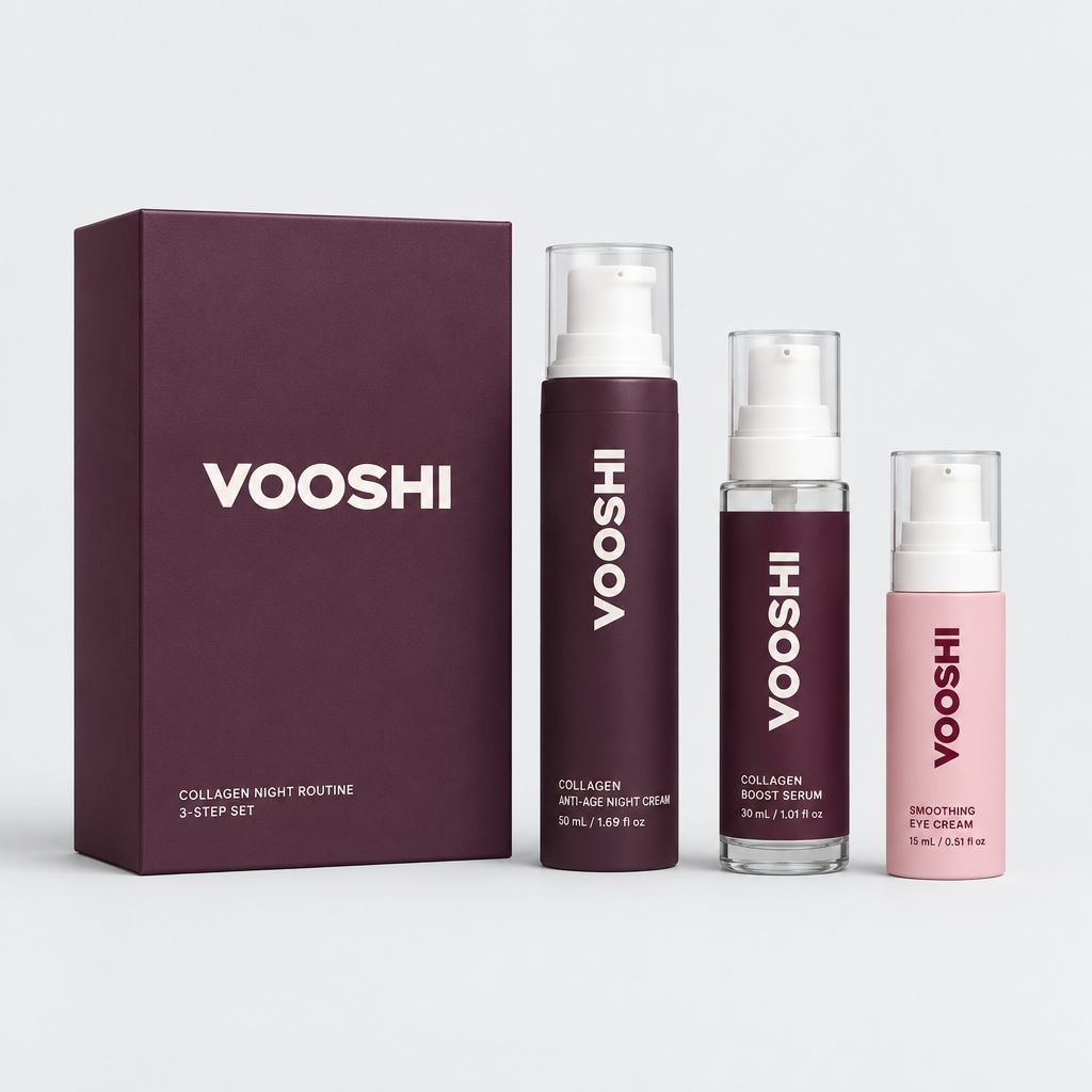 VOOSHI Collagen Night Routine, plum gift box with three bottles