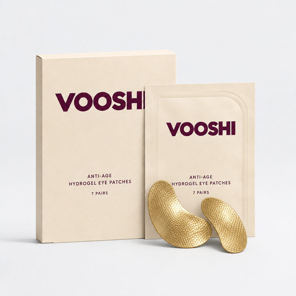 VOOSHI Anti-Age Hydrogel Eye Patches - box, sachet and gold hydrogel patches
