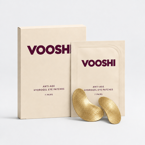 VOOSHI Anti-Age Hydrogel Eye Patches - box, sachet and gold hydrogel patches