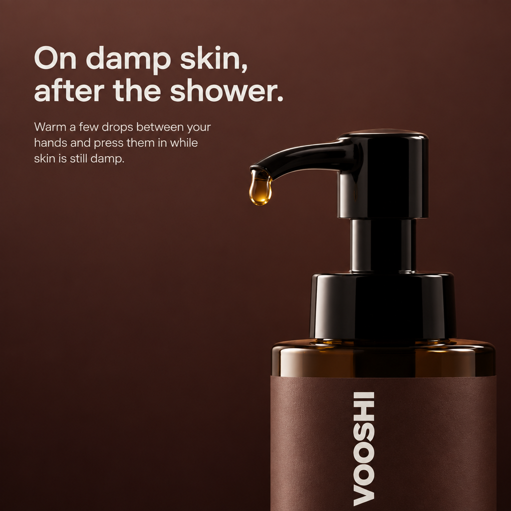 On damp skin, after the shower - how to use VOOSHI Omega 6-9 Glowing Skin Body Oil