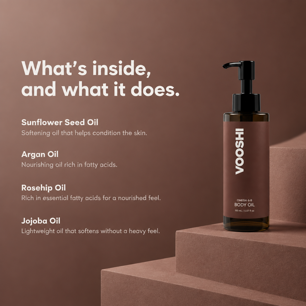 Key ingredients and what they do - VOOSHI Omega 6-9 Glowing Skin Body Oil