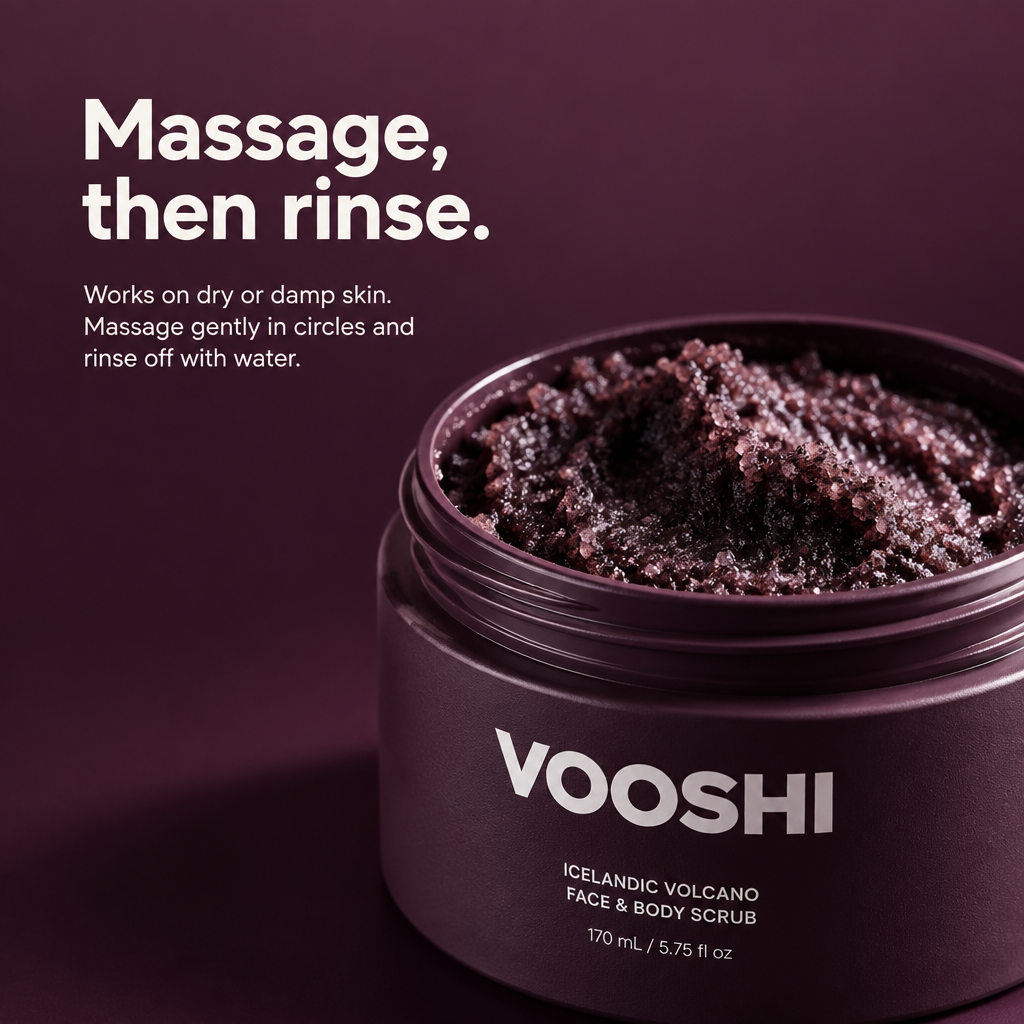 Massage, then rinse - how to use VOOSHI Icelandic Volcano Face and Body Scrub