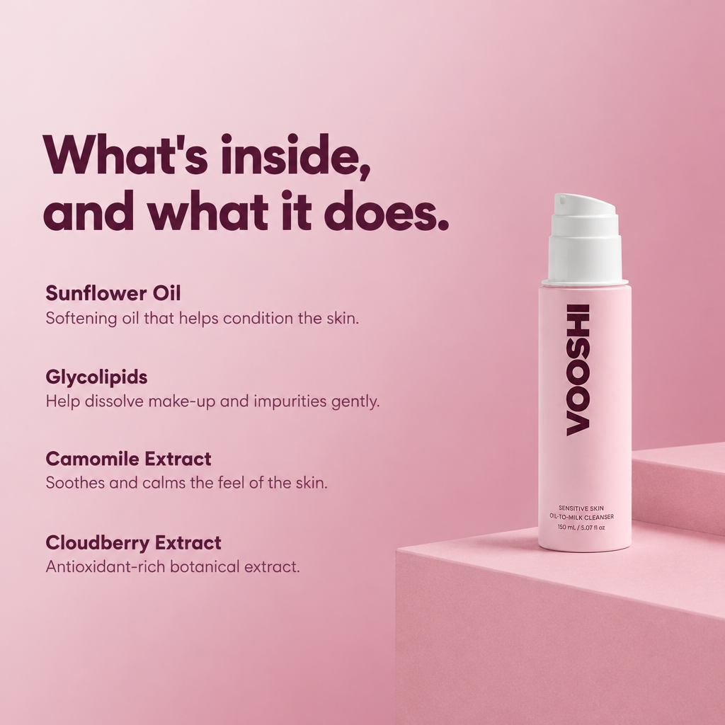 Key ingredients and what they do - VOOSHI Sensitive Skin Oil-To-Milk Cleanser