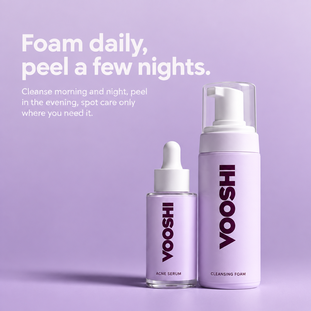 Foam daily, peel a few nights - how to use VOOSHI Acne Care Set