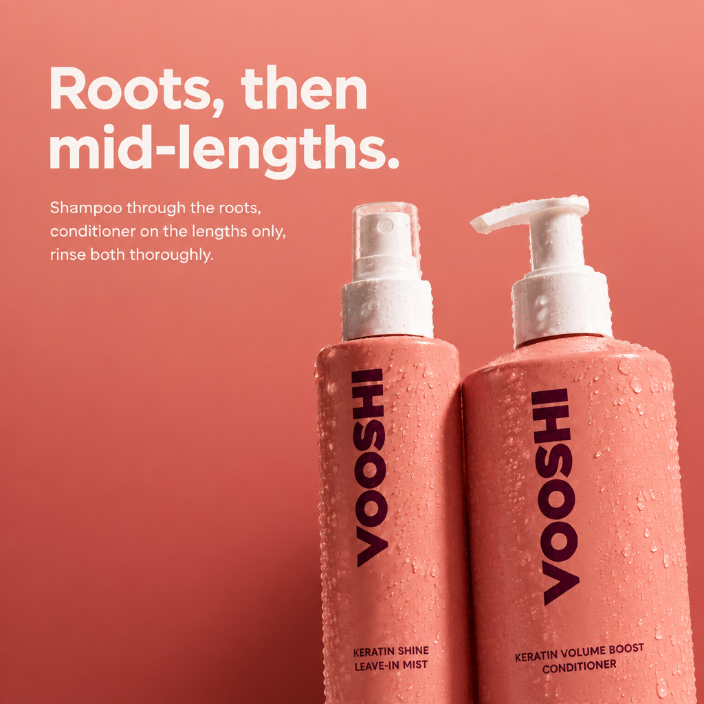 Roots, then mid-lengths - how to use VOOSHI Hair Repair and Shine Duo